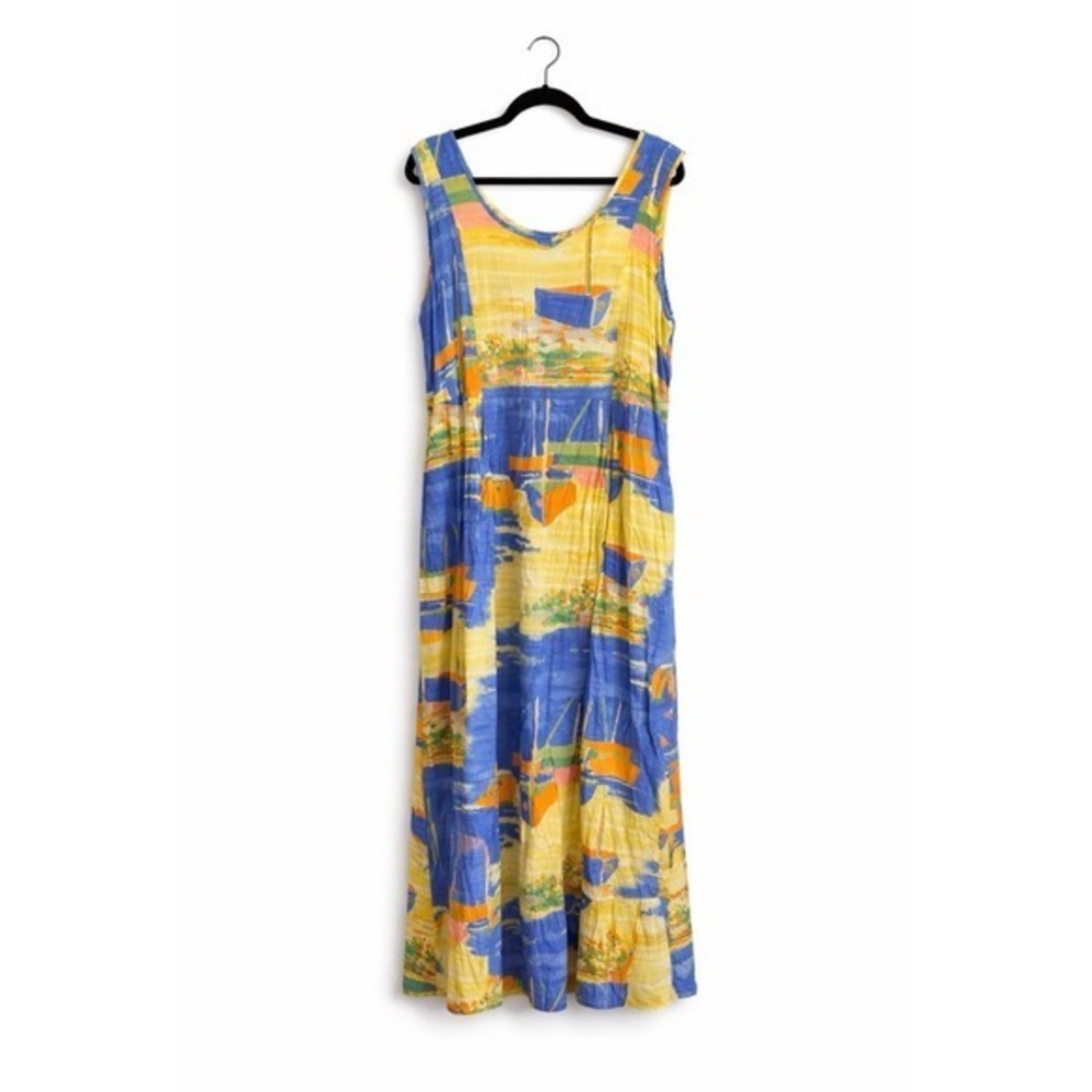 VTG Jams World  Dress SZ XL  Low Tide Blue‎ Yellow Sail Boats Midi Pockets Beach